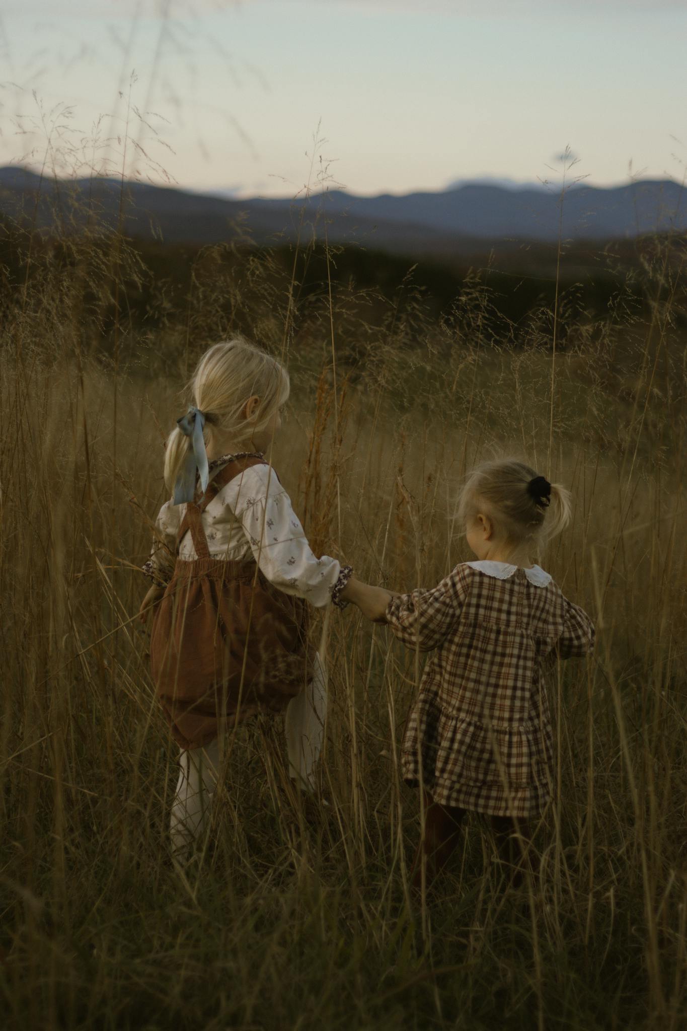 Two young sisters enjoying a peaceful moment in a grassy field during sunset in South Carolina.
